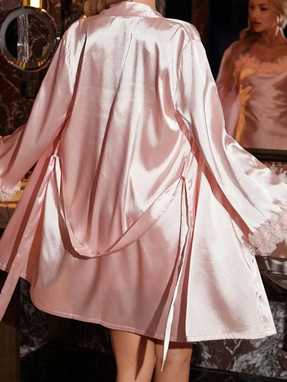 Baby Pink Sexy Women's Faux Silk Nightgown & Belted Robe Set with Floral Trim